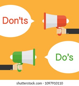 Male hand holding megaphone with Do's and Don'ts speech bubble. Vector stock illustration. 