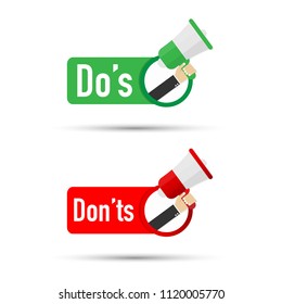 Male hand holding megaphone with Do's and Don'ts speech bubble. Vector stock illustration