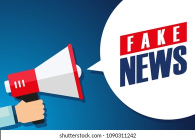 Male hand holding megaphone with Fake News speech bubble. Loudspeaker. Vector illustration.