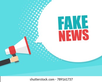 Male hand holding megaphone with Fake News speech bubble. Loudspeaker. Banner for business, marketing and advertising. Vector illustration.