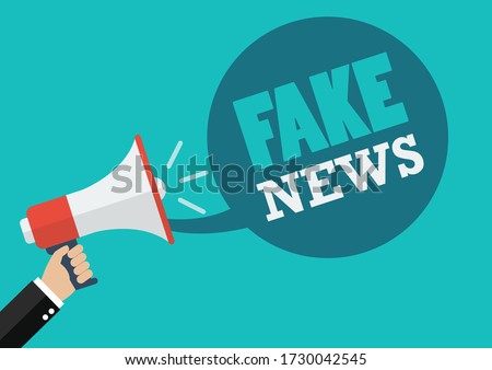 Male hand holding megaphone with Fake News speech. Vector Illustration