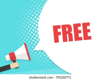 Male hand holding megaphone with free speech bubble. Loudspeaker. Banner for business, marketing and advertising. Vector illustration.