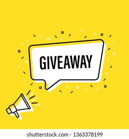 Male hand holding megaphone with giveaway speech bubble. Loudspeaker. Banner for business, marketing and advertising. Vector illustration