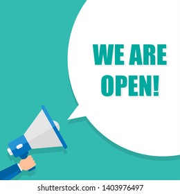 Male hand holding megaphone with Grand opening! speech bubble. Banner for business. Vector stock illustration.