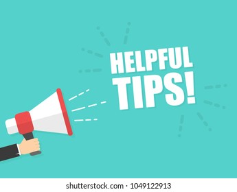 Male hand holding megaphone with Helpful Tips speech bubble. Loudspeaker. Banner for business, marketing and advertising. Vector illustration