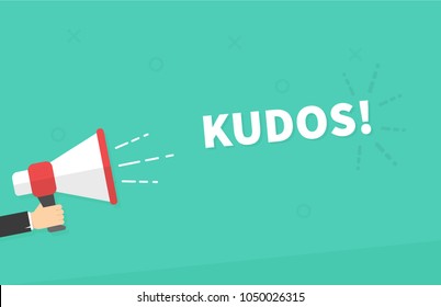 Male hand holding megaphone with Kudos speech bubble. Loudspeaker. Banner for business, marketing and advertising. Vector illustration