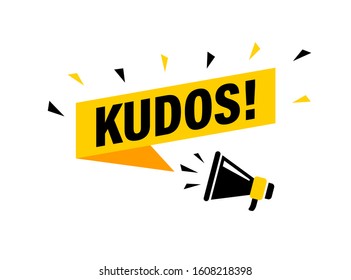 Male hand holding megaphone with Kudos speech bubble. Loudspeaker. Banner for business, marketing and advertising. Vector illustration.