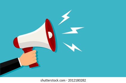 Male hand is holding megaphone loudspeaker icon. Announcement, broadcast or warning concept. Flat style vector illustration on a blue background.