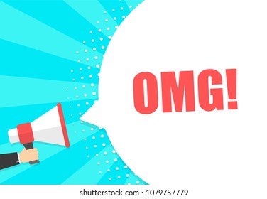 Male hand holding megaphone with omg speech bubble. Loudspeaker. Banner for business, marketing and advertising. Vector illustration