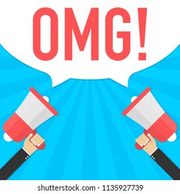 Male hand holding megaphone with omg speech bubble. Vector stock illustration.