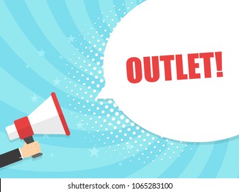 Male hand holding megaphone with outlet speech bubble. Loudspeaker. Banner for business, marketing and advertising. Vector illustration