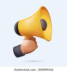 Male hand holding megaphone with place for speech bubble. Loudspeaker. Banner for business, marketing and advertising. Refer a friend vector illustration concept, people shout on megaphone. 3D vector.