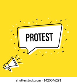 Male hand holding megaphone with protest speech bubble. Loudspeaker. Banner for business, marketing and advertising. Vector illustration.