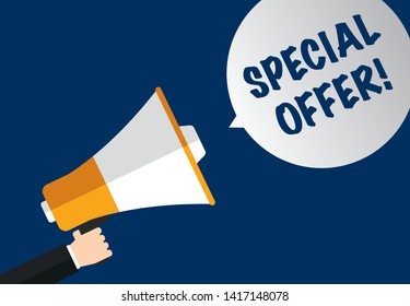Male hand holding megaphone - special offer in speech bubble - concept advertising sale