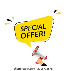 Male hand holding megaphone with special offer speech bubble. Loudspeaker. Banner for business, marketing and advertising. Vector illustration