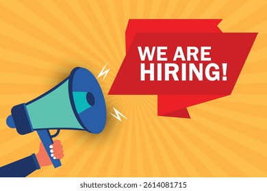 Male hand holding megaphone with We Are Hiring! speech bubble