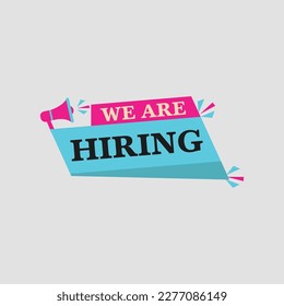 Male hand holding megaphone with we're hiring speech bubble.communication Banner for business marketing and advertising.