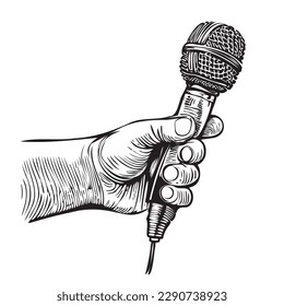 Male hand holding microphone hand drawn sketch illustration Music