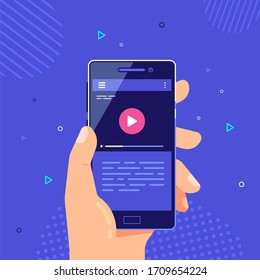 Male hand holding Mobile phone with video player on the screen. Mobile video application. Video streaming on phone. Flat style vector design.