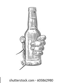 Male Hand Holding A Open Bottle Beer. Black Vintage Engraving Vector Illustration Isolated On White Background