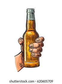 Male hand holding a open bottle beer. Color vintage engraving vector illustration isolated on white background