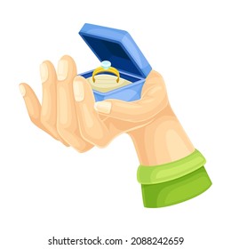 Male hand holding opened box with wedding ring with diamond vector illustration