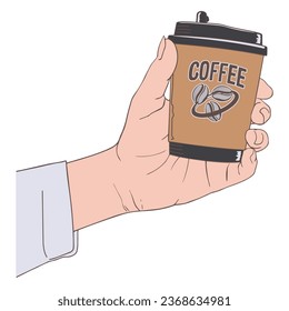 Male hand holding paper cup and drink coffee