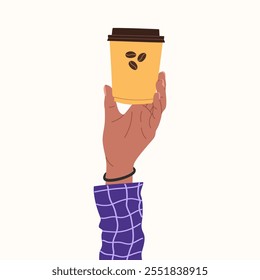 Mano masculina que sostiene la taza de papel con la bebida del café. Bebida caliente de la mañana. Ilustración vectorial dibujada a mano aislada sobre fondo blanco. Estilo de dibujos animados planos modernos.