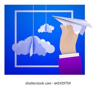 Male hand holding a paper plane against the sky with paper clouds in the style of origami