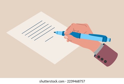 Male hand holding a pen and writes on sheet of paper. Hand drawn colored vector illustration isolated on light background. Flat cartoon style.