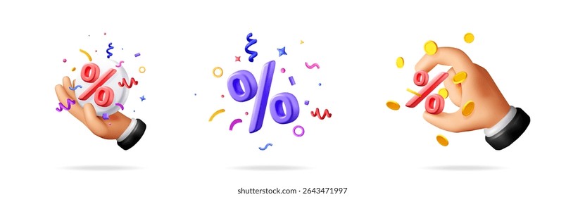 Símbolo de porcentagem de mão masculina segurando confete, sinal de porcentagem com confete e sinal de porcentagem de captura de mão com moedas. Conceito de desconto e promoção.