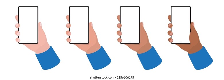 Male hand holding a phone with a blank screen, on white background. 4 different skin tones. mockup template