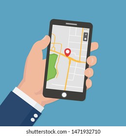 Male Hand Holding Phone With Map And Pointer. Mobile Gps Navigation And Tracking Concept. Flat Vector Illustration For Web Sites, Banners. Location Track App On Touch Screen Smartphone