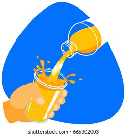 Male hand holding plastic cup. Orange juice flowing from bottle into the cup. Isolated. On blue background.