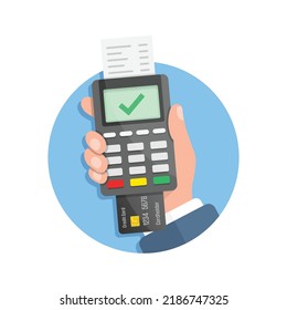 Male hand holding POS payment machine icon in flat style. Online payment vector illustration on isolated background. Banking transaction sign business concept.
