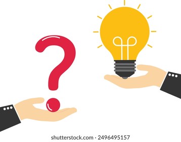 Male hand holding question mark with other reply with light bulb. Question and answer, solving problem.

