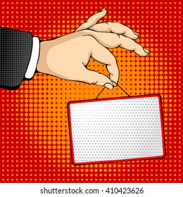 Male hand holding a rectangle sign. Pop art design concepts for web banners, web sites, printed materials. Vector illustration in retro style pop art.