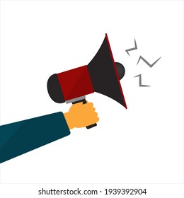 Male hand is holding a red megaphone loudspeaker icon. Announcement, broadcast or warning concept. Flat style vector illustration on a white background.