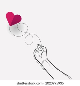Male hand holding rope and heart symbol illustration for label, poster, party invitation. Isolated on a white background