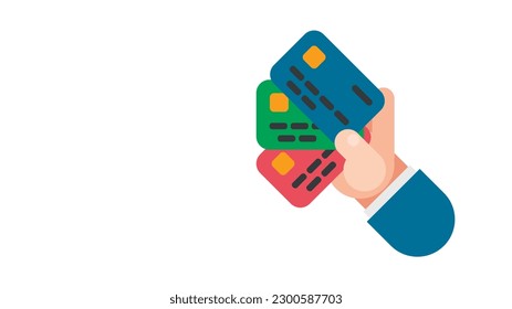 Male hand holding several credit cards, used as cash. Graphic illustration