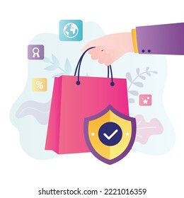 Male hand holding shopping bag. Consumer rights protection, package with shield. World consumer right day, concept poster. Shopaholism, shopping addiction. Banner in trendy style. vector illustration