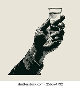 Male Hand Holding A Shot Of Alcohol Drink. Hand Drawn Design Element. Engraving Style. Vector Illustration