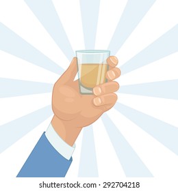Male hand holding a shot of alcohol drink. Flat design