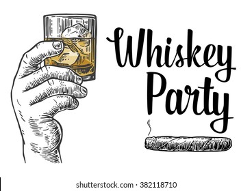 Male hand holding a shot of alcohol drink with ice cubes. Drawn design element. Vintage vector engraving illustration for label, poster, invitation to a party