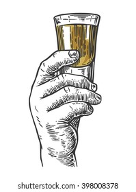 Male hand holding a shot of alcohol drink. Vintage vector engraving illustration for label, poster, invitation to a party.