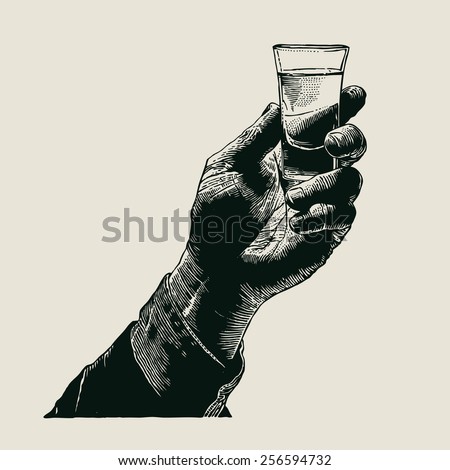 Male hand holding a shot of alcohol drink. hand drawn design element. engraving style. vector illustration