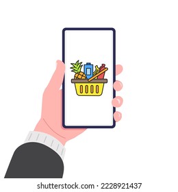 Male hand holding smartphone with food basket on screen. Making an online order. Vector illustration.