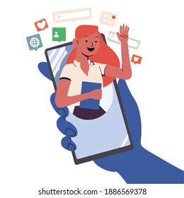 male hand holding smartphone with Girlfriend on screen. Video call with loved one. Video call concept. Vector flat cartoon illustration