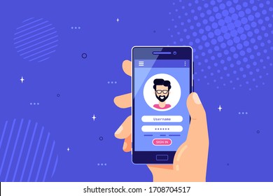 Male hand holding smartphone with login and password form page on screen. Sign in to account, user authorization, login authentication page concept. Username, password fields. Flat design illustration