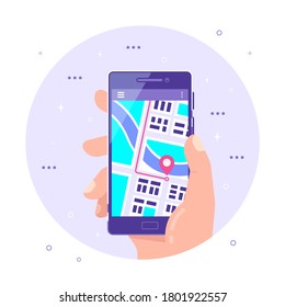 Male hand holding smartphone with map and GPS pointer on its screen. Offline maps and gps positioning, mobile navigation concept banner design. Flat style illustration.